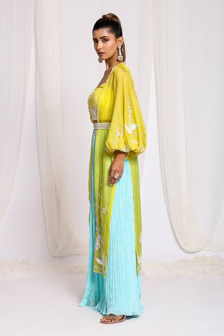 Ellemora Fashions Yellow Organza, Crepe Cut Work, Sequins, Embroidery Bird Jacket Palazzo Set at Aza Fashions Ellemora Fashions_Yellow Organza, Crepe Cut Work, Sequins, Embroidery Bird Jacket Palazzo Set _at_Aza_Fashions
