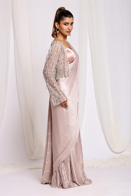 Buy Ellemora Fashions Pink Net, Satin, Cotton Cut Work V-neck Pre-draped Pleated Saree With Blouse Online at Aza Fashions Buy_Ellemora Fashions_Pink Net, Satin, Cotton Cut Work V-neck Pre-draped Pleated Saree With Blouse_Online_at_Aza_Fashions