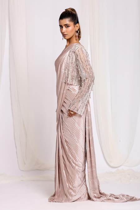Shop Ellemora Fashions Pink Net, Satin, Cotton Cut Work V-neck Pre-draped Pleated Saree With Blouse Online at Aza Fashions Shop_Ellemora Fashions_Pink Net, Satin, Cotton Cut Work V-neck Pre-draped Pleated Saree With Blouse_Online_at_Aza_Fashions