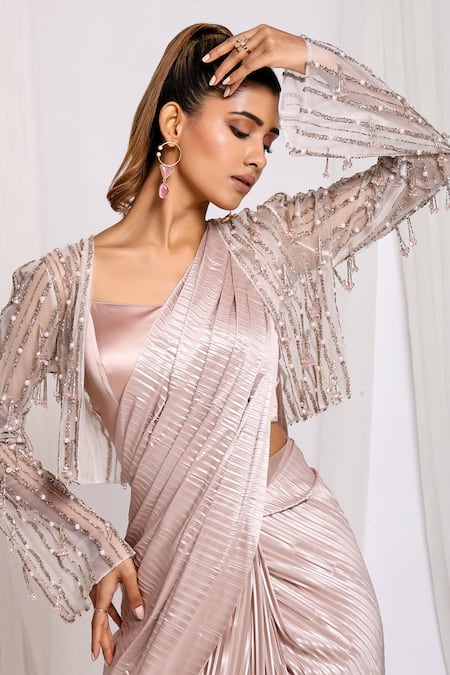 Ellemora Fashions Pink Net, Satin, Cotton Cut Work V-neck Pre-draped Pleated Saree With Blouse at Aza Fashions Ellemora Fashions_Pink Net, Satin, Cotton Cut Work V-neck Pre-draped Pleated Saree With Blouse_at_Aza_Fashions