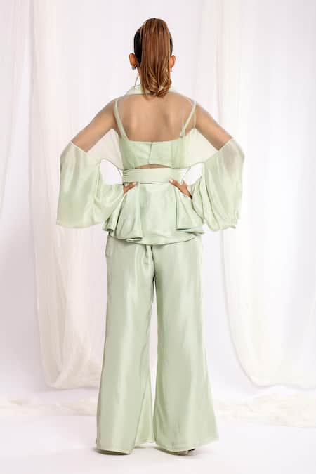 Ellemora Fashions Green Satin, Net, Pashmina Sweetheart Neck, Sheer Peplum Jacket And Palazzo Set Online at Aza Fashions Ellemora Fashions_Green Satin, Net, Pashmina Sweetheart Neck, Sheer Peplum Jacket And Palazzo Set _Online_at_Aza_Fashions
