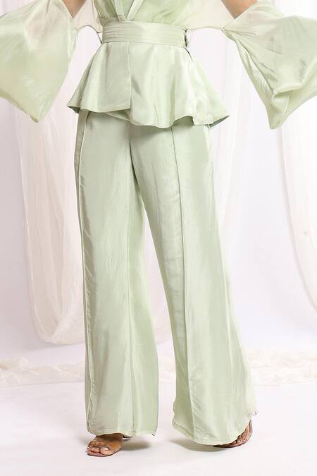 Buy Ellemora Fashions Green Satin, Net, Pashmina Sweetheart Neck, Sheer Peplum Jacket And Palazzo Set Online at Aza Fashions Buy_Ellemora Fashions_Green Satin, Net, Pashmina Sweetheart Neck, Sheer Peplum Jacket And Palazzo Set _Online_at_Aza_Fashions