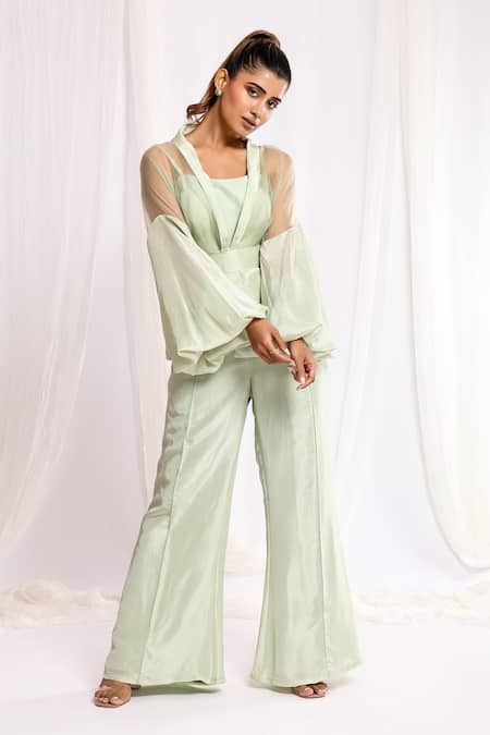 Shop Ellemora Fashions Green Satin, Net, Pashmina Sweetheart Neck, Sheer Peplum Jacket And Palazzo Set Online at Aza Fashions Shop_Ellemora Fashions_Green Satin, Net, Pashmina Sweetheart Neck, Sheer Peplum Jacket And Palazzo Set _Online_at_Aza_Fashions