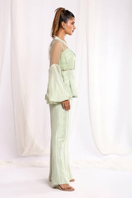 Ellemora Fashions Green Satin, Net, Pashmina Sweetheart Neck, Sheer Peplum Jacket And Palazzo Set at Aza Fashions Ellemora Fashions_Green Satin, Net, Pashmina Sweetheart Neck, Sheer Peplum Jacket And Palazzo Set _at_Aza_Fashions