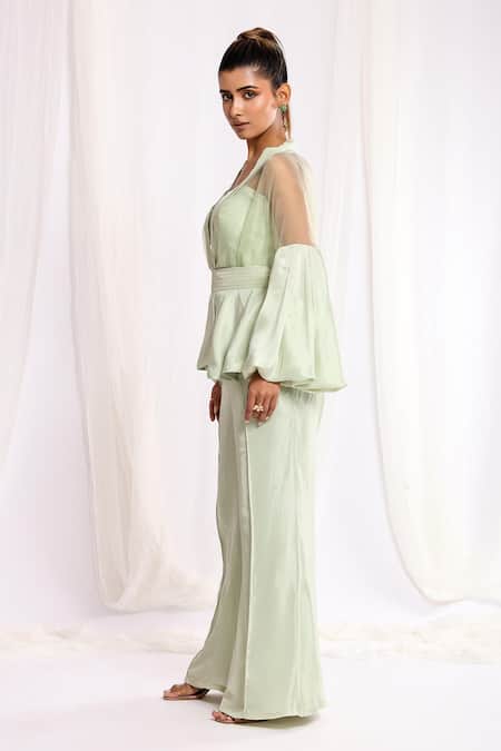 Buy Ellemora Fashions Green Satin, Net, Pashmina Sweetheart Neck, Sheer Peplum Jacket And Palazzo Set Buy_Ellemora Fashions_Green Satin, Net, Pashmina Sweetheart Neck, Sheer Peplum Jacket And Palazzo Set