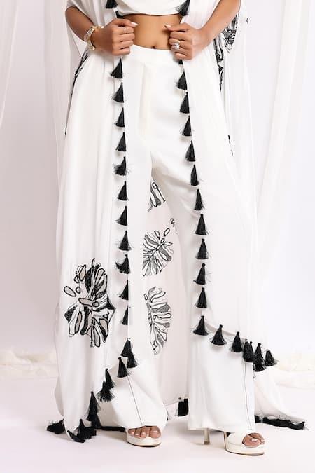 Buy Ellemora Fashions White Crepe Tassels Cowl Neck, V-neck, Leaf Hand Embroidered Shrug And Pant Set Online at Aza Fashions Buy_Ellemora Fashions_White Crepe Tassels Cowl Neck, V-neck, Leaf Hand Embroidered Shrug And Pant Set _Online_at_Aza_Fashions
