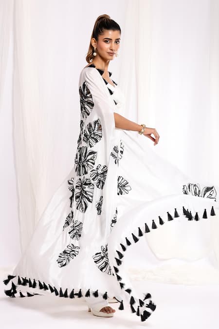 Shop Ellemora Fashions White Crepe Tassels Cowl Neck, V-neck, Leaf Hand Embroidered Shrug And Pant Set Online at Aza Fashions Shop_Ellemora Fashions_White Crepe Tassels Cowl Neck, V-neck, Leaf Hand Embroidered Shrug And Pant Set _Online_at_Aza_Fashions