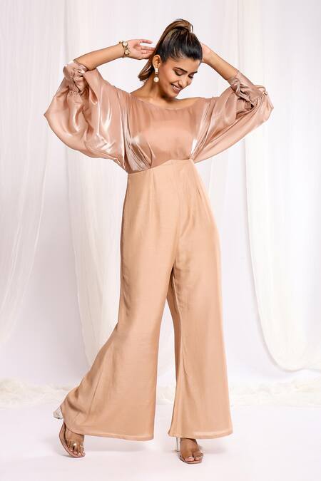 Buy_Ellemora Fashions_Beige Linen, Silk Off-shoulder Shimmer Yoke Flared Jumpsuit _Online_at_Aza_Fashions