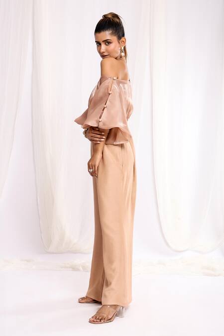 Shop_Ellemora Fashions_Beige Linen, Silk Off-shoulder Shimmer Yoke Flared Jumpsuit _Online_at_Aza_Fashions