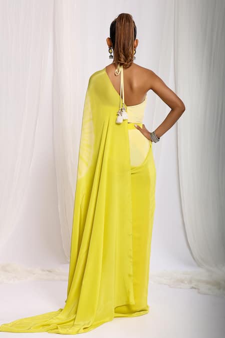 Ellemora Fashions Yellow Crepe Halter Neck Tie Dye Patch Pre-draped Saree With Blouse Online at Aza Fashions Ellemora Fashions_Yellow Crepe Halter Neck Tie Dye Patch Pre-draped Saree With Blouse _Online_at_Aza_Fashions