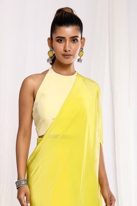 Shop Ellemora Fashions Yellow Crepe Halter Neck Tie Dye Patch Pre-draped Saree With Blouse Online at Aza Fashions Shop_Ellemora Fashions_Yellow Crepe Halter Neck Tie Dye Patch Pre-draped Saree With Blouse _Online_at_Aza_Fashions