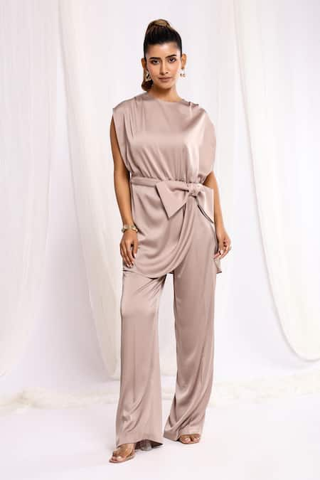 Ellemora fashions Beige Zara Satin Solid Closed Neck Tulip Bow Top And Pant Co-ord Set 