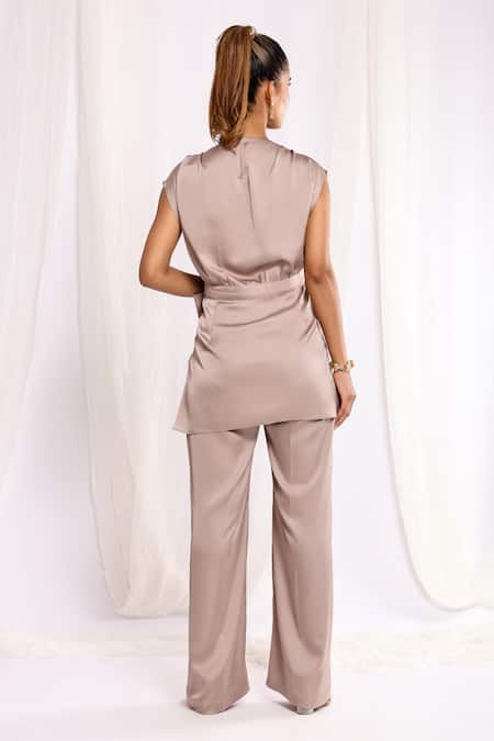 Ellemora Fashions Beige Silk, Satin Bows Tulip Top And Pant Co-ord Set Online at Aza Fashions Ellemora Fashions_Beige Silk, Satin Bows Tulip Top And Pant Co-ord Set _Online_at_Aza_Fashions