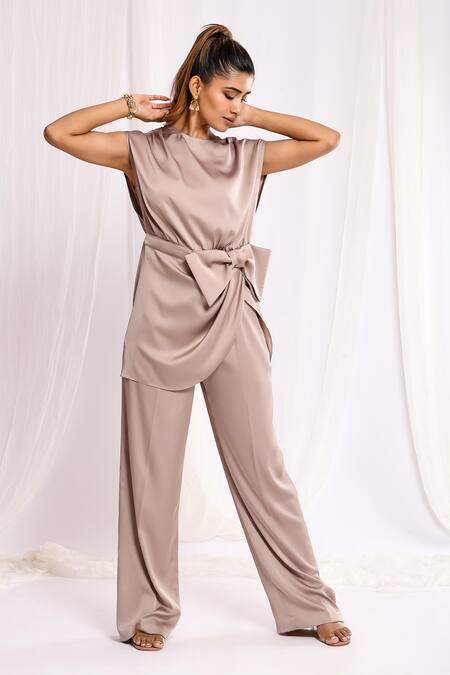 Buy Ellemora Fashions Beige Silk, Satin Bows Tulip Top And Pant Co-ord Set Online at Aza Fashions Buy_Ellemora Fashions_Beige Silk, Satin Bows Tulip Top And Pant Co-ord Set _Online_at_Aza_Fashions
