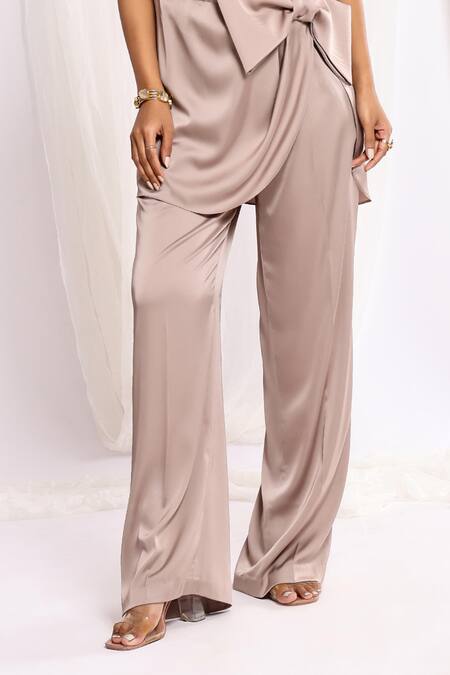 Shop Ellemora Fashions Beige Silk, Satin Bows Tulip Top And Pant Co-ord Set Online at Aza Fashions Shop_Ellemora Fashions_Beige Silk, Satin Bows Tulip Top And Pant Co-ord Set _Online_at_Aza_Fashions