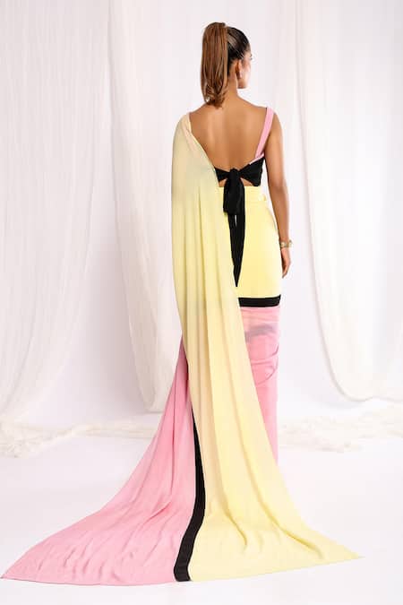 Ellemora Fashions Color Block Pre-Draped Saree With Blouse 