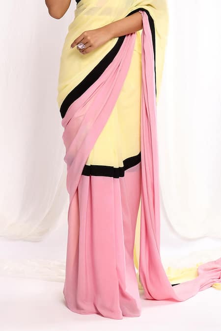 Buy_Ellemora Fashions_Yellow Crepe Sweetheart Neck Color Block Pre-draped Saree With Blouse _Online_at_Aza_Fashions