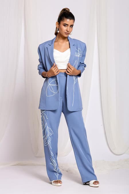 Ellemora fashions Blue Natural Crepe Embroidered Cutdana Balzer Blazer And Pant Powersuit Set 