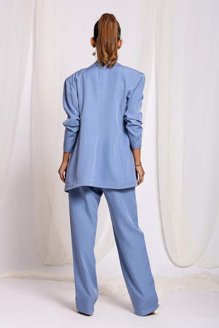 Ellemora Fashions Blue Crepe Cut Work Cowl Neck Cutdana Embroidered Blazer And Pant Powersuit Set Online at Aza Fashions Ellemora Fashions_Blue Crepe Cut Work Cowl Neck Cutdana Embroidered Blazer And Pant Powersuit Set _Online_at_Aza_Fashions
