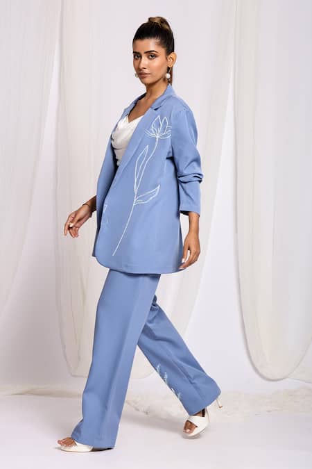 Ellemora Fashions Blue Crepe Cut Work Cowl Neck Cutdana Embroidered Blazer And Pant Powersuit Set at Aza Fashions Ellemora Fashions_Blue Crepe Cut Work Cowl Neck Cutdana Embroidered Blazer And Pant Powersuit Set _at_Aza_Fashions
