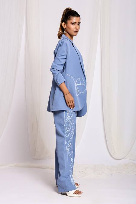 Buy Ellemora Fashions Blue Crepe Cut Work Cowl Neck Cutdana Embroidered Blazer And Pant Powersuit Set Buy_Ellemora Fashions_Blue Crepe Cut Work Cowl Neck Cutdana Embroidered Blazer And Pant Powersuit Set