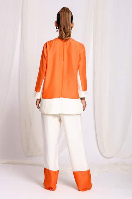 Ellemora Fashions Orange Linen Round Neck Color Block Top And Pant Set Online at Aza Fashions Ellemora Fashions_Orange Linen Round Neck Color Block Top And Pant Set _Online_at_Aza_Fashions