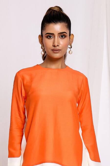 Buy Ellemora Fashions Orange Linen Round Neck Color Block Top And Pant Set Online at Aza Fashions Buy_Ellemora Fashions_Orange Linen Round Neck Color Block Top And Pant Set _Online_at_Aza_Fashions