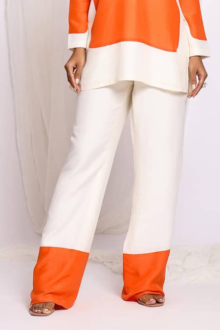 Shop Ellemora Fashions Orange Linen Round Neck Color Block Top And Pant Set Online at Aza Fashions Shop_Ellemora Fashions_Orange Linen Round Neck Color Block Top And Pant Set _Online_at_Aza_Fashions