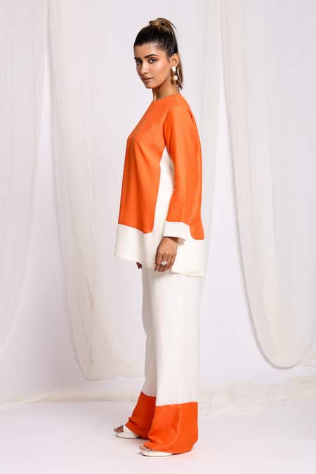 Ellemora Fashions Orange Linen Round Neck Color Block Top And Pant Set at Aza Fashions Ellemora Fashions_Orange Linen Round Neck Color Block Top And Pant Set _at_Aza_Fashions