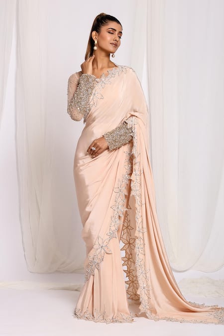 Shop Ellemora Fashions Gold Net, Crepe Cut Work, Embroidery Bordered Pre-draped Saree With Blouse Online at Aza Fashions Shop_Ellemora Fashions_Gold Net, Crepe Cut Work, Embroidery Bordered Pre-draped Saree With Blouse _Online_at_Aza_Fashions