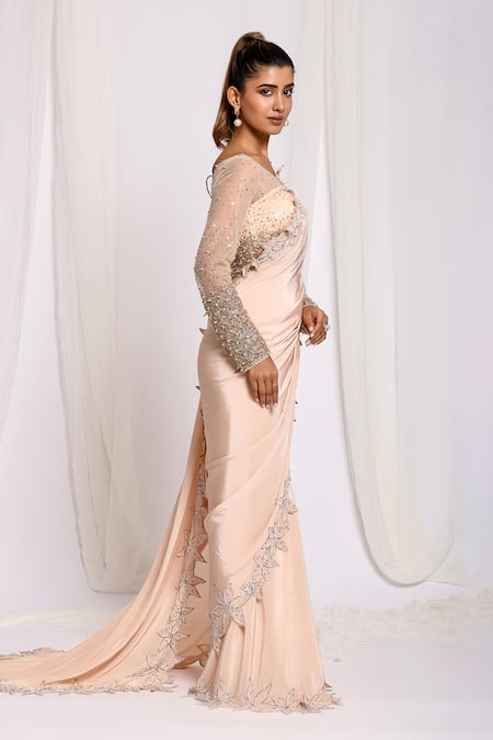 Ellemora Fashions Gold Net, Crepe Cut Work, Embroidery Bordered Pre-draped Saree With Blouse at Aza Fashions Ellemora Fashions_Gold Net, Crepe Cut Work, Embroidery Bordered Pre-draped Saree With Blouse _at_Aza_Fashions