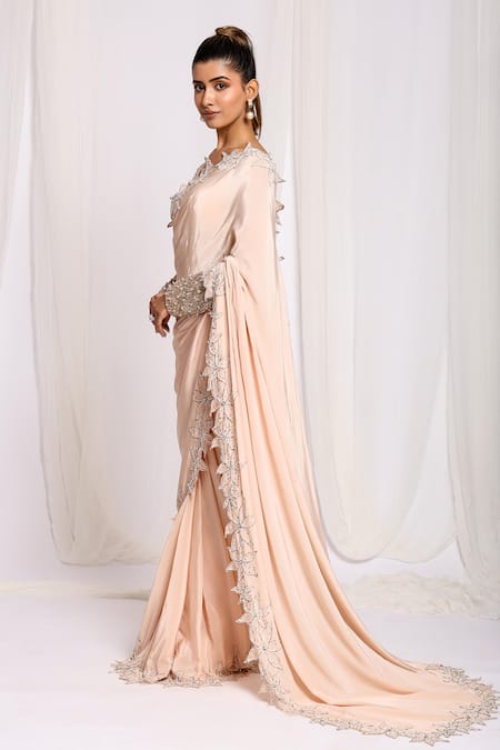 Buy Ellemora Fashions Gold Net, Crepe Cut Work, Embroidery Bordered Pre-draped Saree With Blouse Buy_Ellemora Fashions_Gold Net, Crepe Cut Work, Embroidery Bordered Pre-draped Saree With Blouse