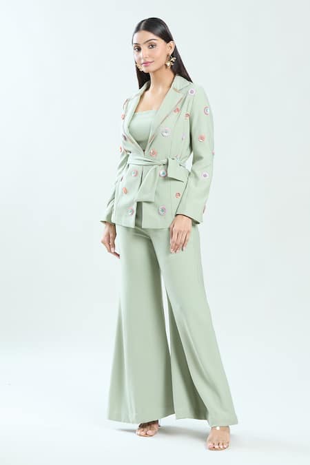 Shop_Priti Sahni_Green Georgette Sequins Square Neck Hand Embroidered Pant Set _Online_at_Aza_Fashions