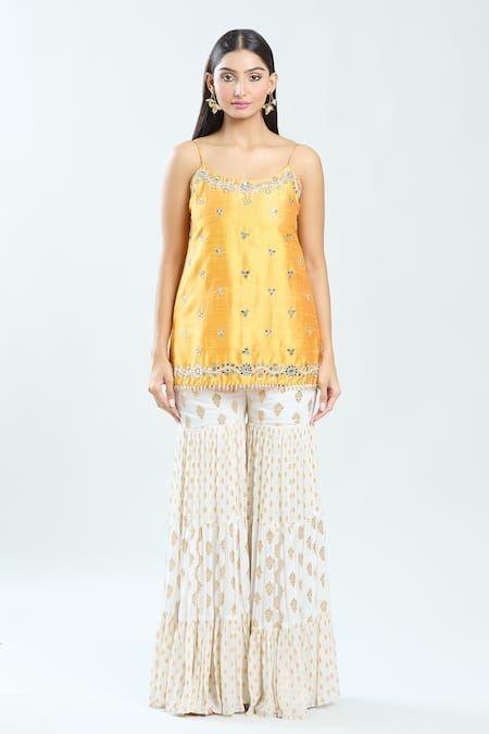 Priti Sahni_Yellow Silk, Net, Georgette Mirrors, Pearls, Sequins, Hand Kurta Sharara Set _Online_at_Aza_Fashions