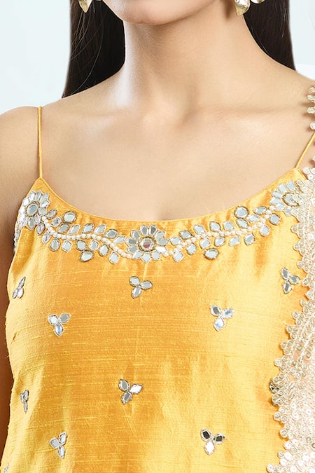 Buy_Priti Sahni_Yellow Silk, Net, Georgette Mirrors, Pearls, Sequins, Hand Kurta Sharara Set _Online_at_Aza_Fashions