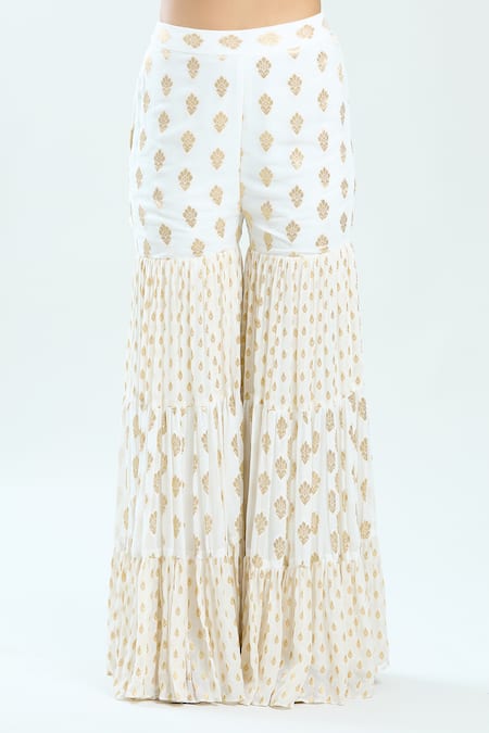 Shop_Priti Sahni_Yellow Silk, Net, Georgette Mirrors, Pearls, Sequins, Hand Kurta Sharara Set _Online_at_Aza_Fashions