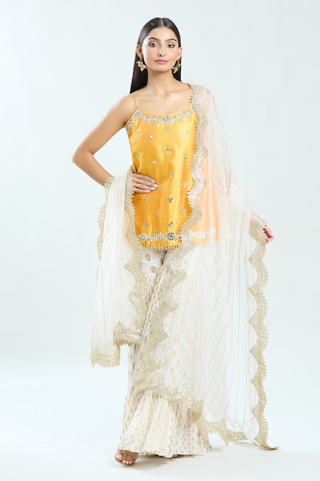 Priti Sahni_Yellow Silk, Net, Georgette Mirrors, Pearls, Sequins, Hand Kurta Sharara Set _at_Aza_Fashions