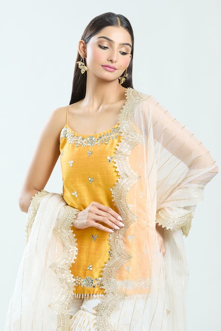 Buy_Priti Sahni_Yellow Silk, Net, Georgette Mirrors, Pearls, Sequins, Hand Kurta Sharara Set 