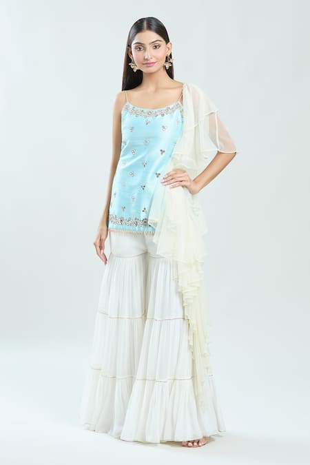 Priti Sahni Blue Silk, Organza, Georgette Mirrors, Pearls, Embroidered Kurta Sharara Set