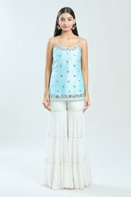 Priti Sahni_Blue Silk, Organza, Georgette Mirrors, Pearls, Embroidered Kurta Sharara Set _Online_at_Aza_Fashions