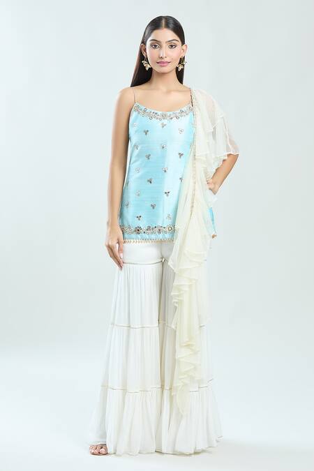 Buy_Priti Sahni_Blue Silk, Organza, Georgette Mirrors, Pearls, Embroidered Kurta Sharara Set _Online_at_Aza_Fashions