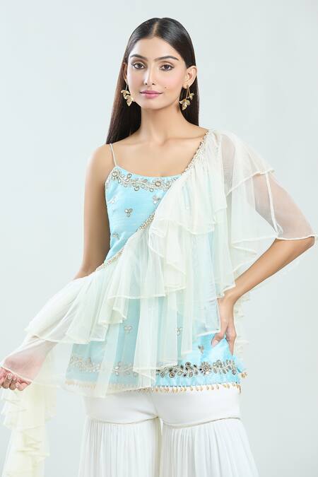 Shop_Priti Sahni_Blue Silk, Organza, Georgette Mirrors, Pearls, Embroidered Kurta Sharara Set _Online_at_Aza_Fashions