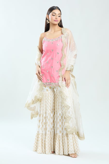 Priti Sahni Pink Silk, Net, Georgette Mirrors, Pearls, Floral Buti Pattern Sharara Set