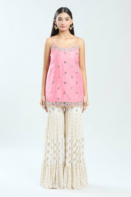 Buy Priti Sahni Pink Silk, Net, Georgette Mirrors, Pearls, Floral Buti Pattern Sharara Set Online at Aza Fashions Buy_Priti Sahni_Pink Silk, Net, Georgette Mirrors, Pearls, Floral Buti Pattern Sharara Set _Online_at_Aza_Fashions