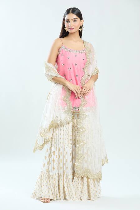 Shop Priti Sahni Pink Silk, Net, Georgette Mirrors, Pearls, Floral Buti Pattern Sharara Set Online at Aza Fashions Shop_Priti Sahni_Pink Silk, Net, Georgette Mirrors, Pearls, Floral Buti Pattern Sharara Set _Online_at_Aza_Fashions