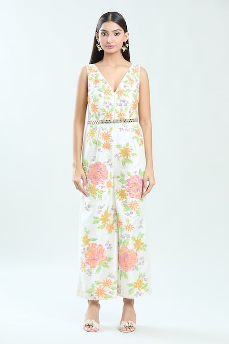 Priti Sahni_Ivory Silk Sequins, Mirrors V-neck Floral Hand Painted Jumpsuit _Online_at_Aza_Fashions
