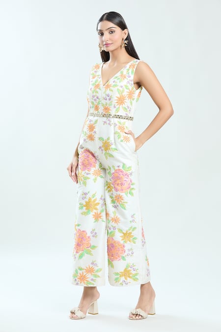 Buy_Priti Sahni_Ivory Silk Sequins, Mirrors V-neck Floral Hand Painted Jumpsuit _Online_at_Aza_Fashions
