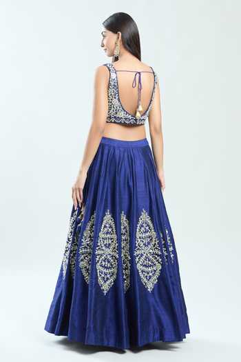 Shop Priti Sahni Blue Silk, Net Pearls, Mirrors, Zari Hand Embroidered Lehenga With Blouse at Aza Fashions Shop_Priti Sahni_Blue Silk, Net Pearls, Mirrors, Zari Hand Embroidered Lehenga With Blouse _at_Aza_Fashions