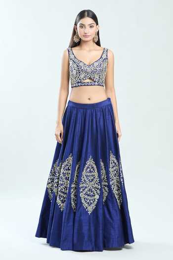 Priti Sahni Blue Silk, Net Pearls, Mirrors, Zari Hand Embroidered Lehenga With Blouse Online at Aza Fashions Priti Sahni_Blue Silk, Net Pearls, Mirrors, Zari Hand Embroidered Lehenga With Blouse _Online_at_Aza_Fashions