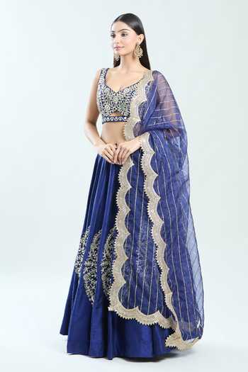 Buy Priti Sahni Blue Silk, Net Pearls, Mirrors, Zari Hand Embroidered Lehenga With Blouse Online at Aza Fashions Buy_Priti Sahni_Blue Silk, Net Pearls, Mirrors, Zari Hand Embroidered Lehenga With Blouse _Online_at_Aza_Fashions